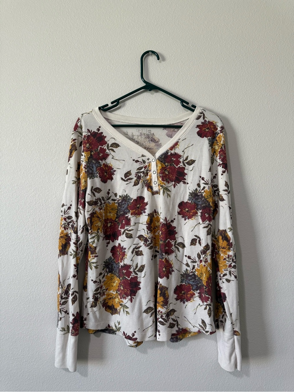 Time and Tru White Long Sleeve Henley with Red & Mustard Floral Print